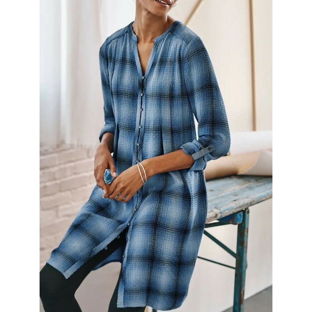 J. Jill Plaid Elliptical Shirt Dress Women's M Cobalt Blue Flannel Fall Comfort